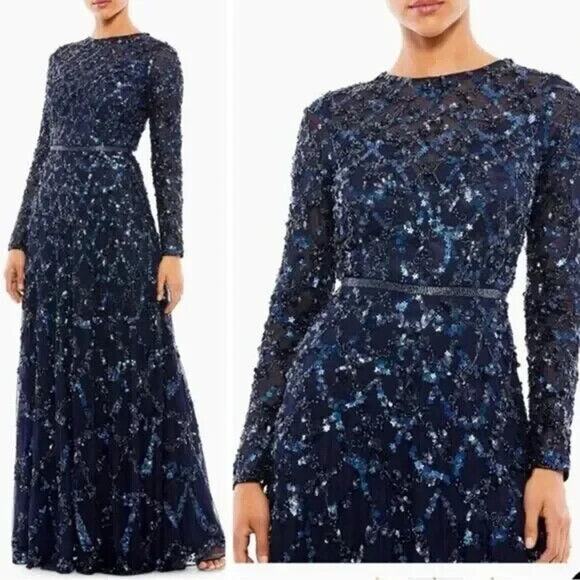 MAC DUGGAL 5496 BEADED LONG‎ SLEEVE A-LINE MIDNIGHT NAVY GOWN sz 4 NWT $698 - Picture 1 of 7